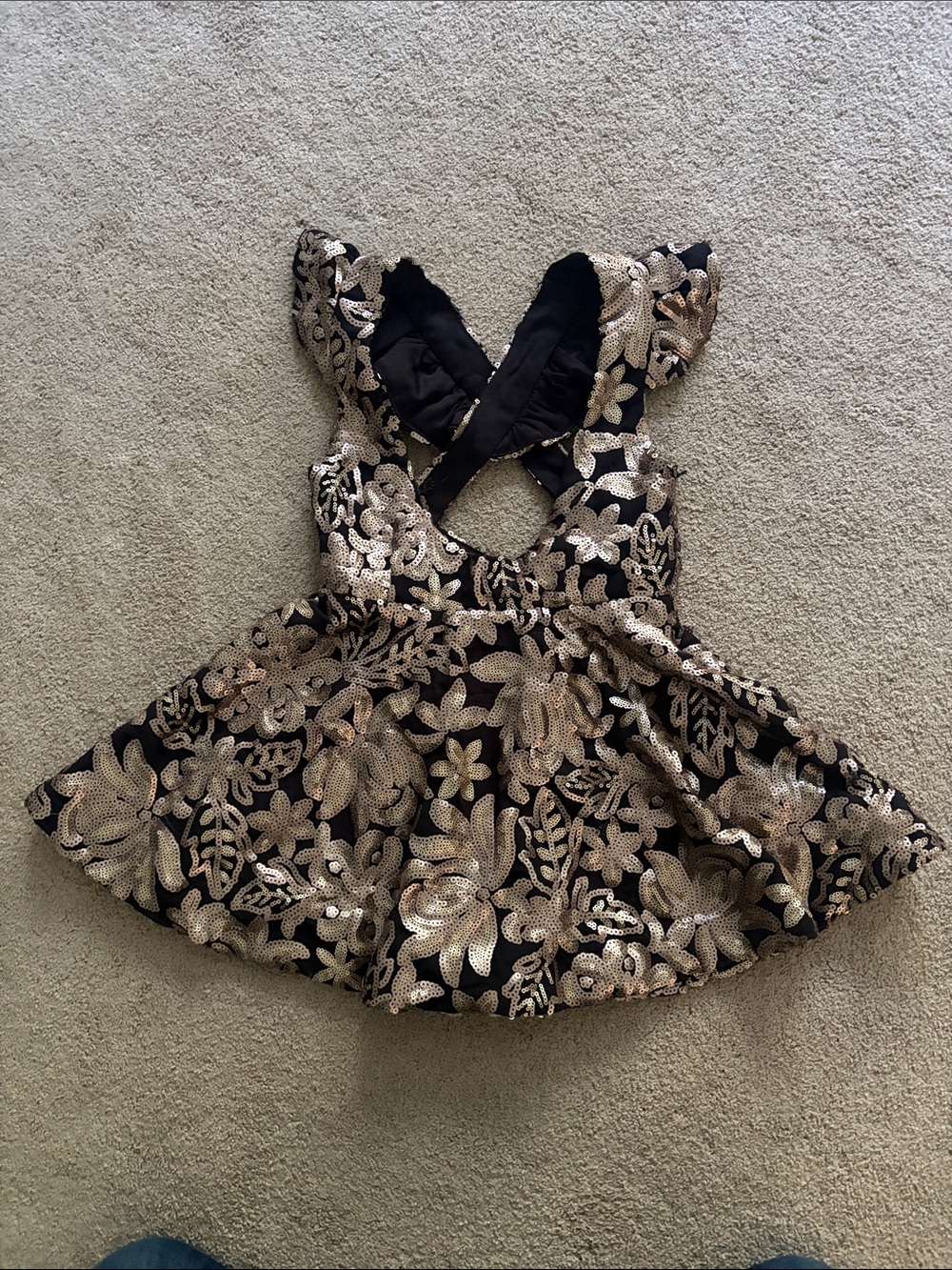 Girls Black and Gold Floral Sequin Formal Dress